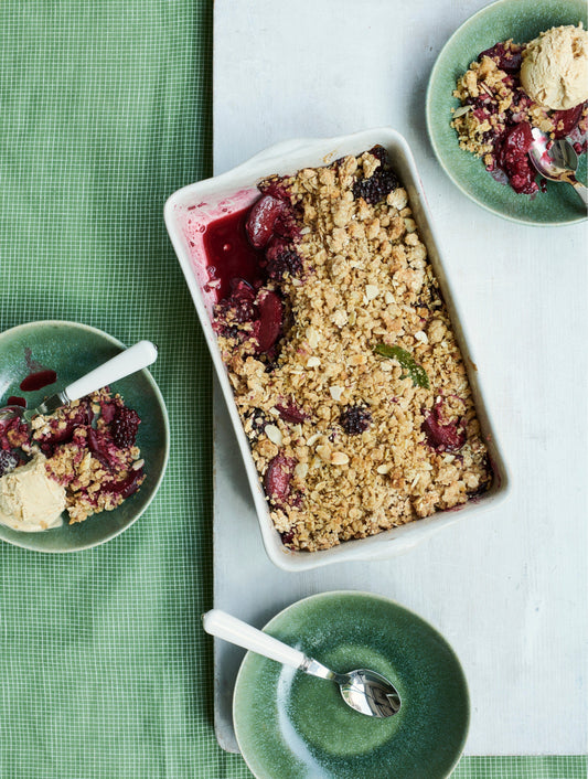 Deliciously Ella's plum, blackberry & maple crumble