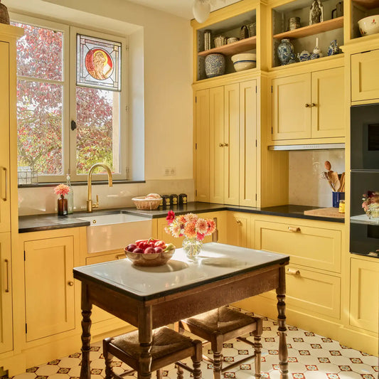 Small kitchen ideas in practice: a compact Henley kitchen painted in Saffron