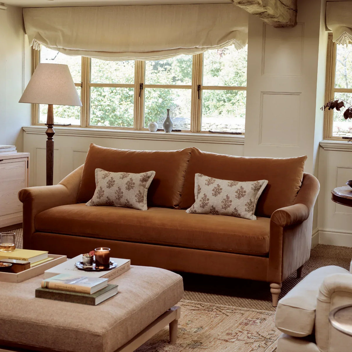 Louis 3-seater sofa in mustard cotton velvet, styled with cushions in a warm living room alongside complementary furniture and natural textures.