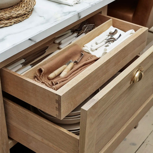 Henley oak kitchen drawer with layered cutlery tray and dovetail joinery detail.