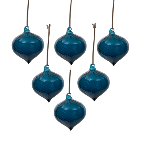 Six dark blue glass teardrop ornaments hanging from thin brown strings against a plain white background.