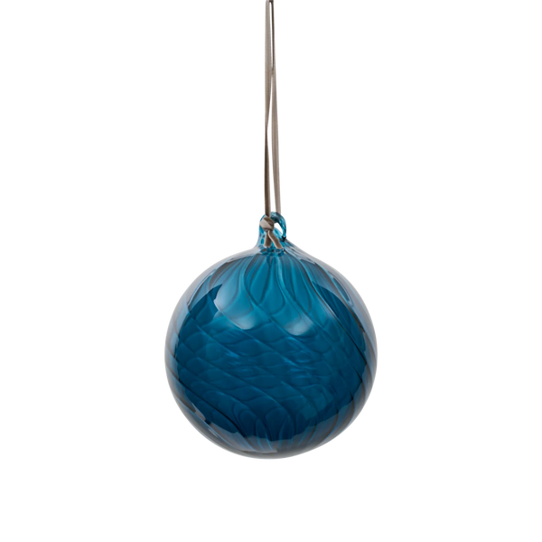 A textured, faceted blue glass Christmas ornament with a silver hanging wire, shown against a solid white background.