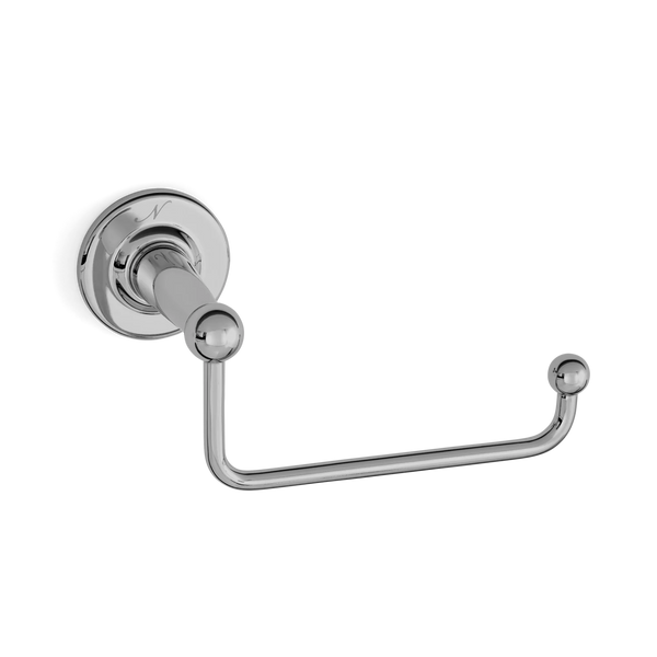 Chrome loo roll holder with embossed wall fitting against a white background