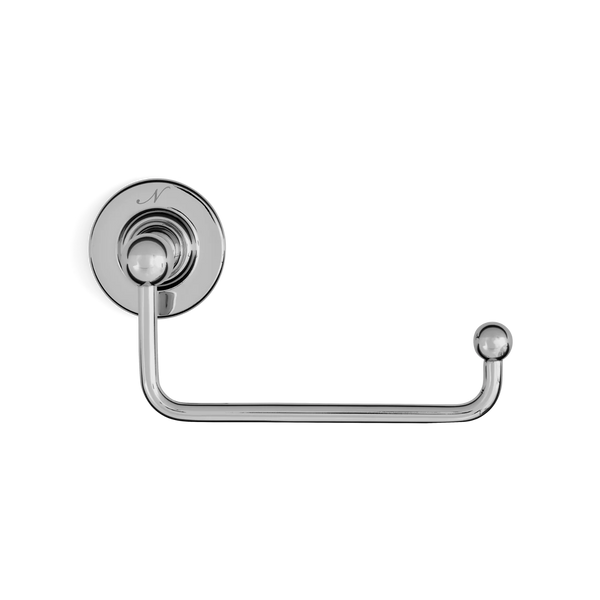 Chrome loo roll holder with embossed wall fitting against a white background