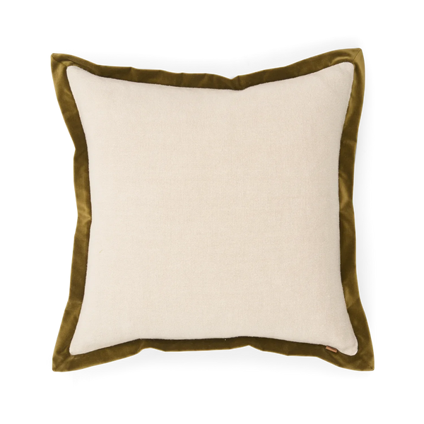 A square throw pillow with a cream-colored linen-textured center and an olive green velvet border, shown from a top-down view on a white background.