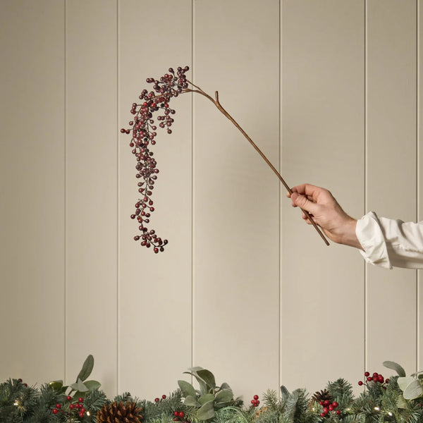A hand wearing a white long-sleeve shirt holds a decorative branch with clusters of dark red berries against a beige paneled wall, with a garland of pine branches, eucalyptus, and small lights along the bottom.