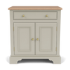 A small painted cabinet with two doors, a single drawer, brass-style round knobs, and a natural wood top, shown on a clean white background.