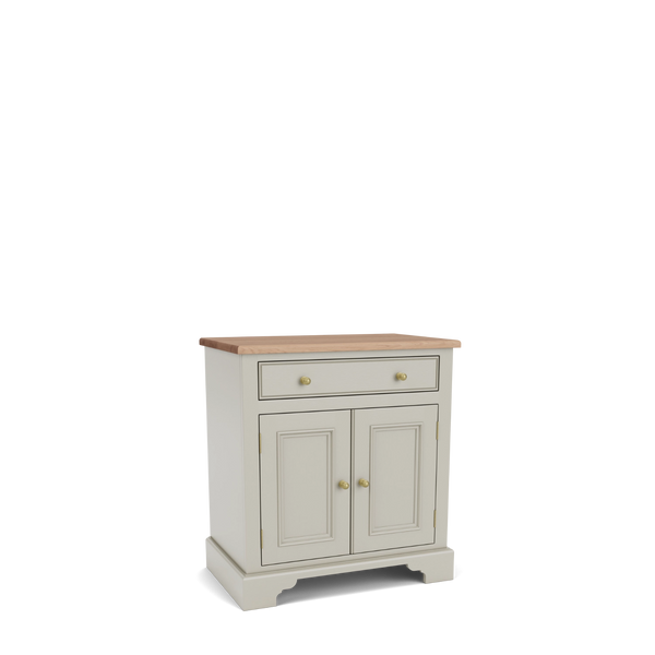 A small painted cabinet with two doors, one drawer, and a natural wood top, shown on a clean white background.
