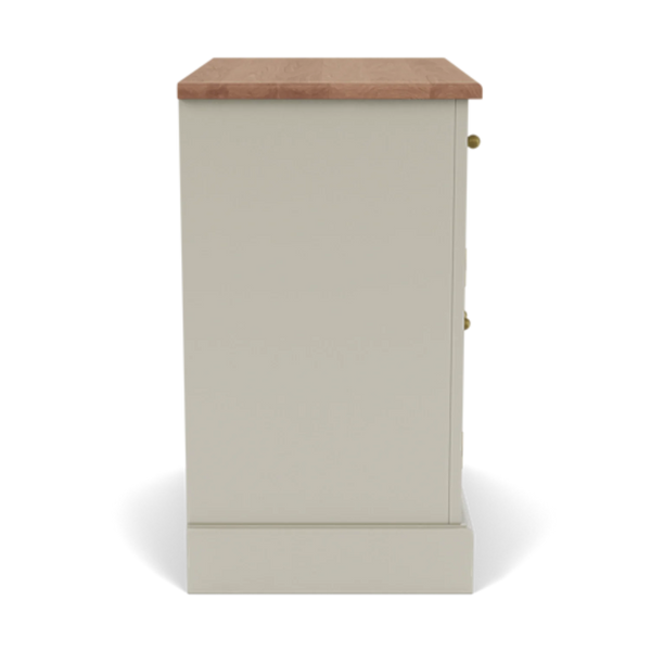 A single tall cabinet or sideboard shown from the front on a plain white background. The cabinet has a warm light gray or greige painted body with a natural wood top and small brass-toned knobs.