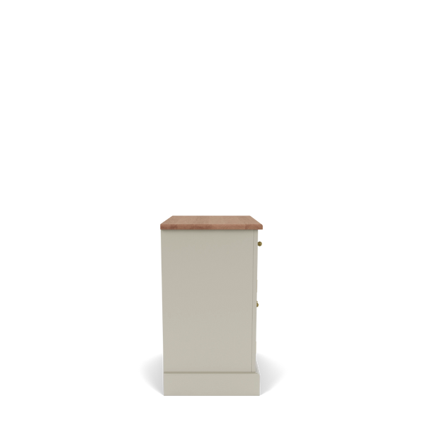 A single tall cabinet or sideboard shown from the front on a plain white background. The cabinet has a warm light gray or greige painted body with a natural wood top and small brass-toned knobs.