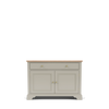 A classic sideboard cabinet with a light gray painted body, a natural wood top, and brass hardware, shown against a plain white background.