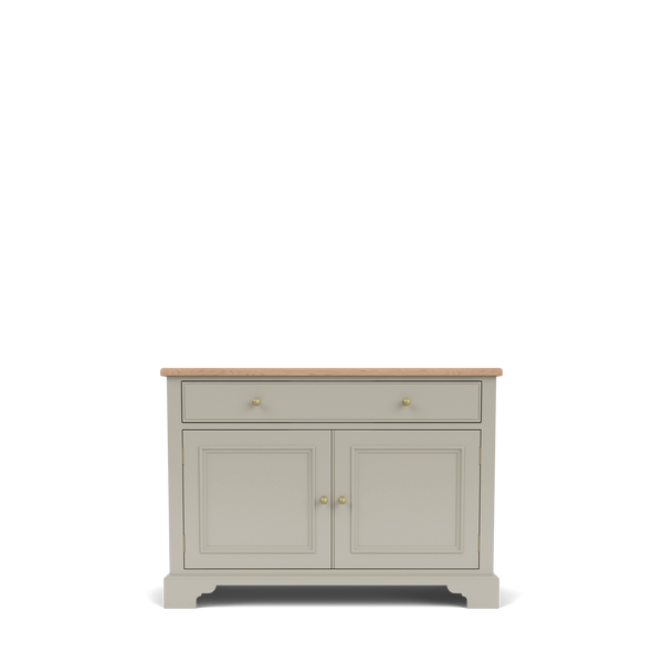 A classic sideboard cabinet with a light gray painted body, a natural wood top, and brass hardware, shown against a plain white background.