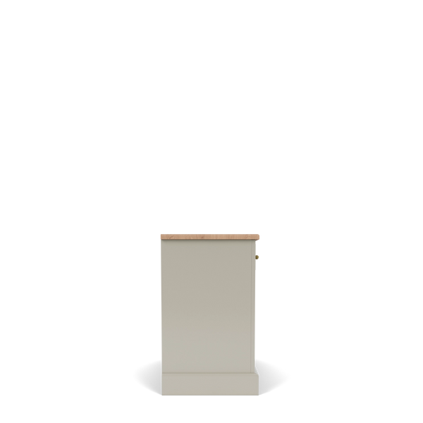 A single cabinet shown from the front on a clean white background, featuring a warm light gray painted body, a natural wood top, and a small brass knob.