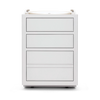 A white bathroom vanity cabinet with four drawers and a round sink basin visible at the top, photographed on a clean white background.