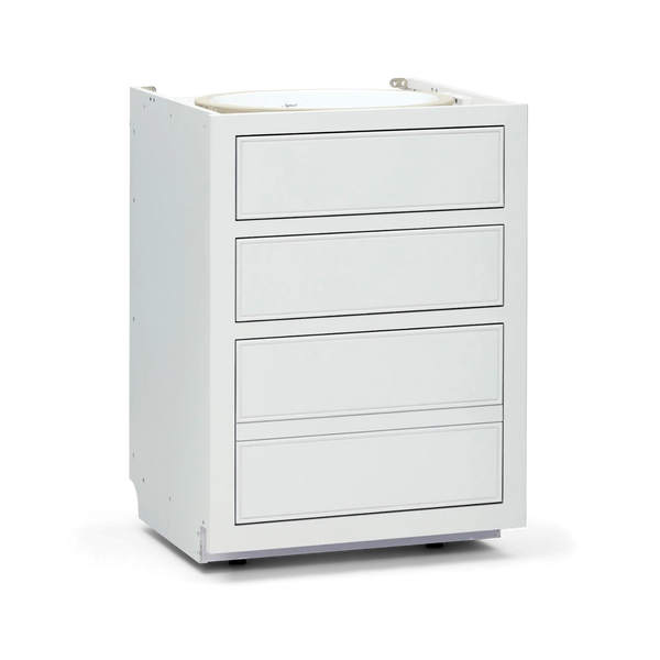 A white four-drawer pedestal cabinet with a circular top opening, shown from a three-quarter angle on a white background.