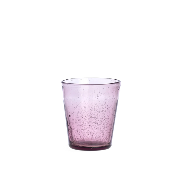A small translucent drinking glass with a speckled purple finish, shown against a plain white background.