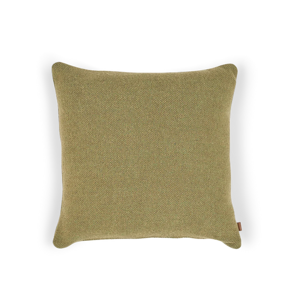 A square throw pillow in a textured olive green fabric, shown against a plain white background with a soft drop shadow.