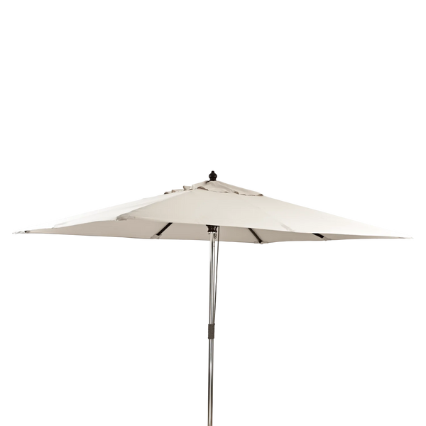A large patio umbrella with a cream-colored canopy and a silver metal pole, shown against a solid white background.
