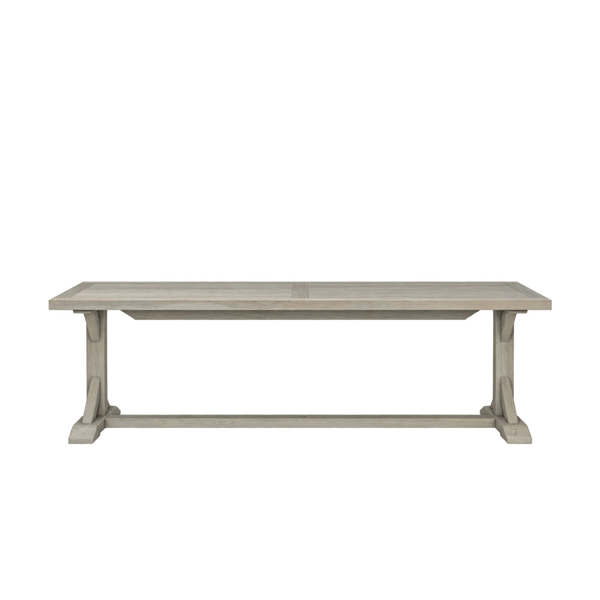 A rustic-style wooden bench with a weathered gray finish, featuring a rectangular top and a sturdy trestle base, shown against a plain white background.