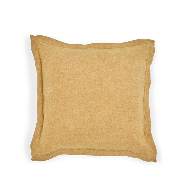 A square cushion in a textured saffron yellow linen fabric with piped edges, shown against a plain white background.