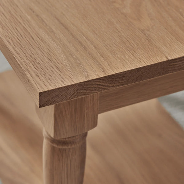 Close-up of a wooden table corner with a blurred background