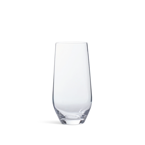 A clear glass tumbler with a tapered base, shown on a solid white background.