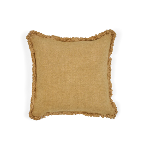 A square tan throw pillow with a fringed, tassel-like border, shown against a plain white background.