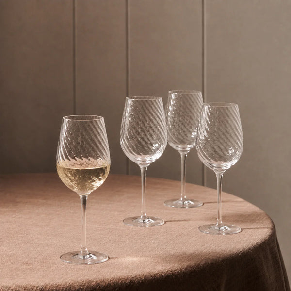 Islington White Wine Glasses on table with fabric tablecloth