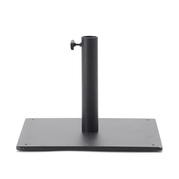 A black metal patio umbrella stand with a square base plate and a vertical pole, shown on a solid white background.