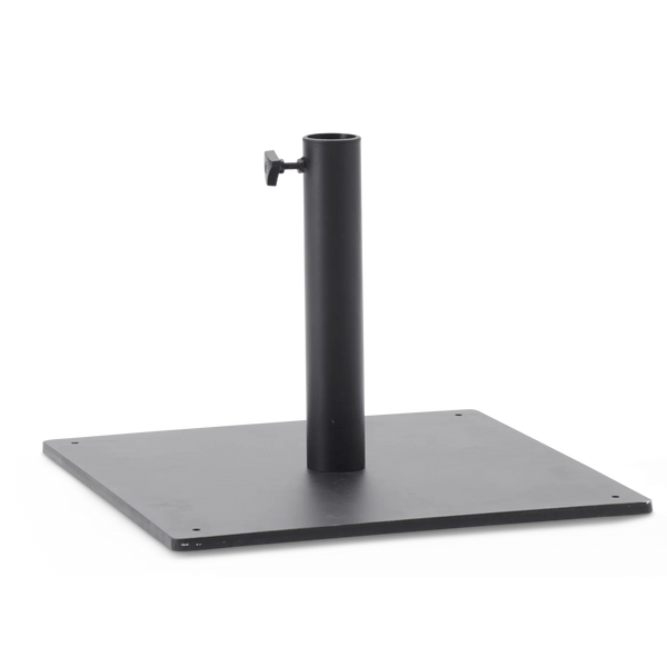 A black metal patio umbrella stand with a square base plate and a vertical pole, shown on a solid white background.