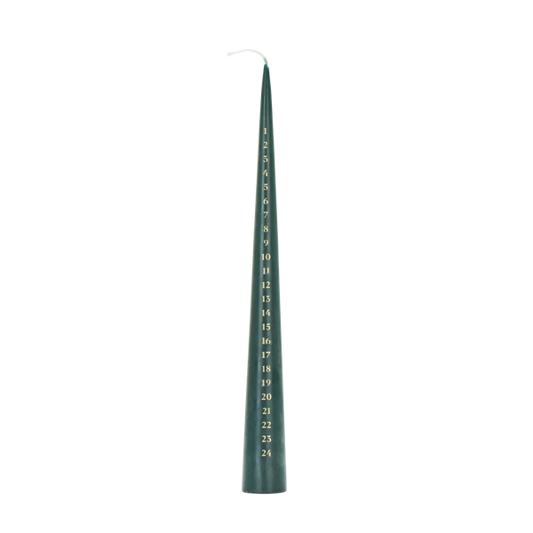 A single dark green taper candle with white printed numbers and text down the front, photographed upright on a plain white background.