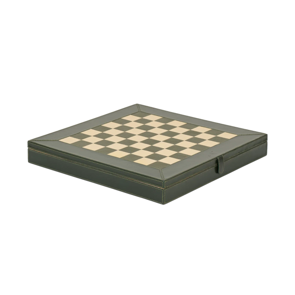 A square folding chessboard with a dark olive green leather case and cream-colored wooden checkers, shown on a plain white background.