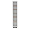 A tall, narrow white bookcase with five light wood shelves, shown from a front-facing perspective on a solid white background.
