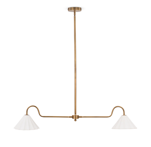 Polperro brushed antique brass pendant bar light with scalloped ceramic lampshades on white background