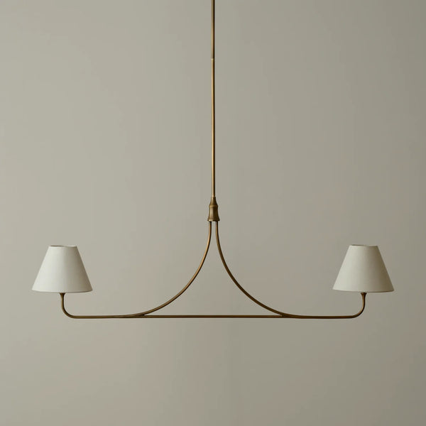 Regency brass bar pendant ceiling light with two lights with linen lampshades