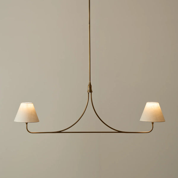 Regency brass bar pendant ceiling light with two lights with linen lampshades