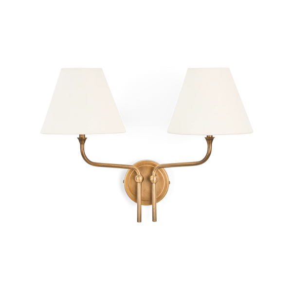 Regency Wall light, double light in brass with linen shades on white background