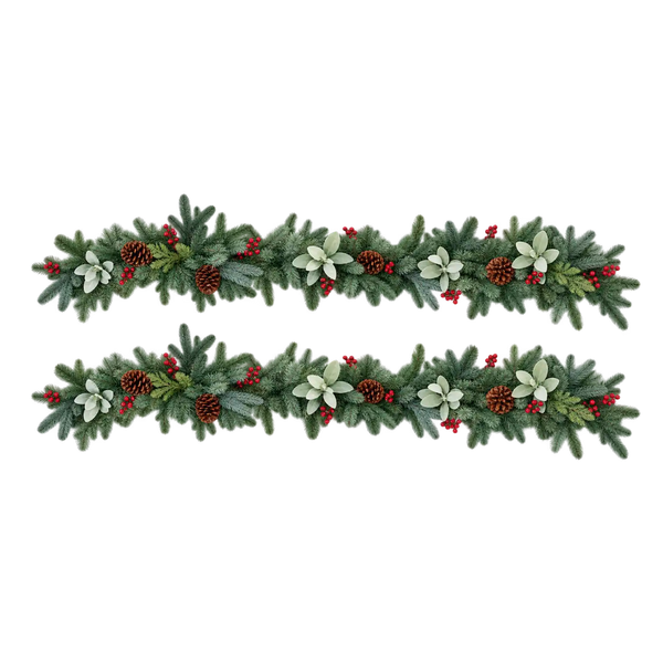 Two identical green Christmas garlands with pine needles, white faux flowers, pinecones, and red berry clusters, shown on a plain white background.