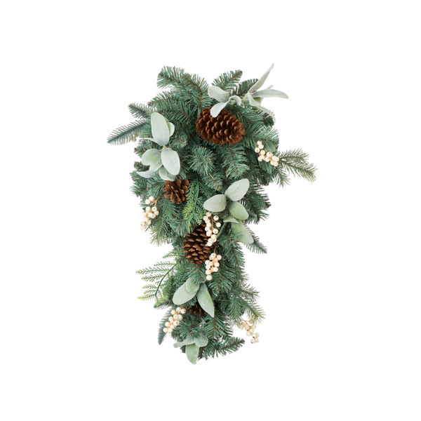 A vertical holiday garland featuring green pine and fir branches, natural brown pinecones, pale green eucalyptus leaves, and small white berry clusters, isolated on a white background.