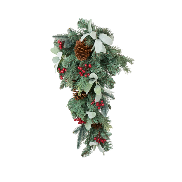 A festive Christmas garland featuring green pine branches, brown pinecones, small red berries, and pale green leaves, isolated on a white background.