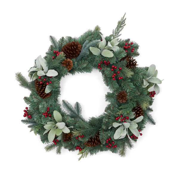 A festive Christmas wreath with green pine branches, brown pinecones, small red berries, and pale green eucalyptus leaves, isolated on a white background.