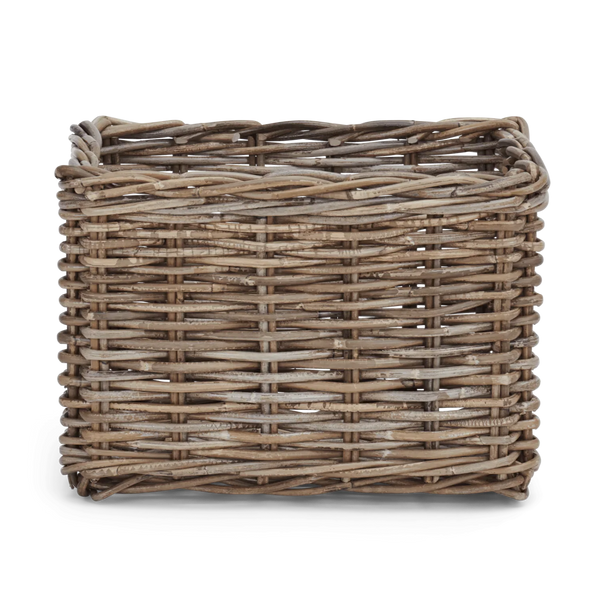 A rectangular woven wicker basket made from natural brown and beige branches, shown on a plain white background.