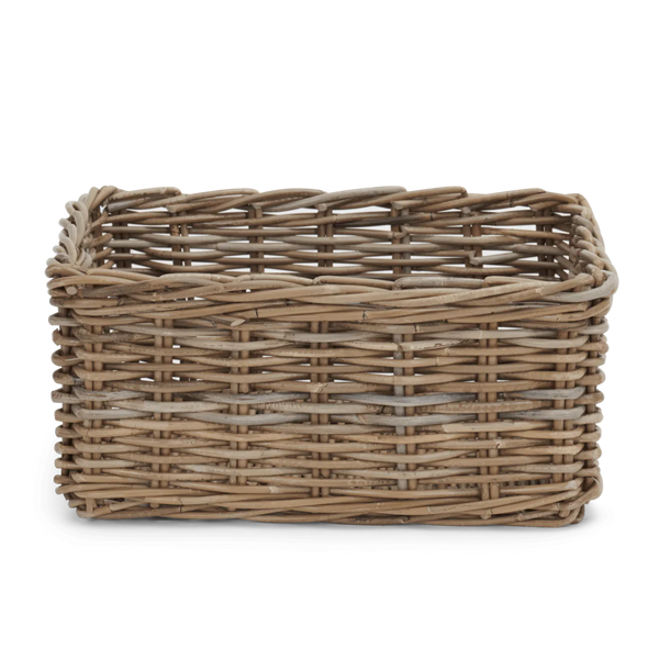 A rectangular woven wicker basket with a natural brown and beige color palette, shown on a clean white background.