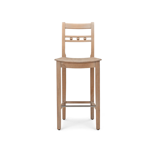 A light natural wood bar stool with a slatted backrest, three round pegs, and a lower support rail, shown against a plain white background.