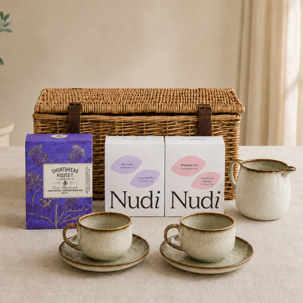 Tea hamper with shortbread, Earl Grey and breakfast tea, Molland jug, and two Molland cups and saucers arranged on a neutral table.
