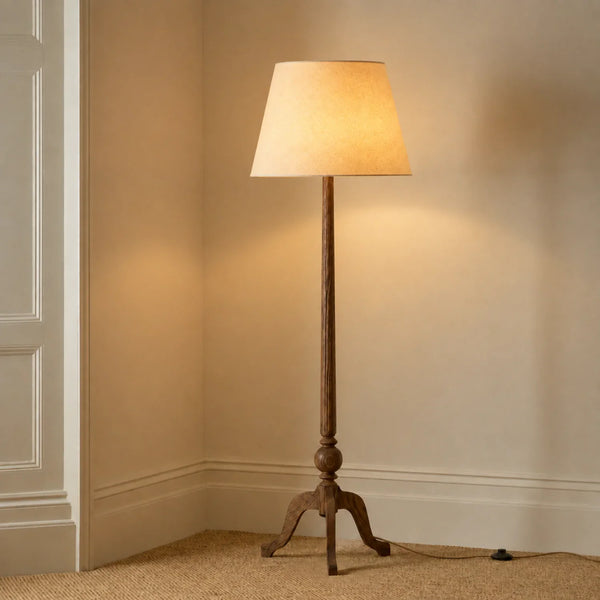Thornbury darkened oak floor lamp with linen shade, lights on