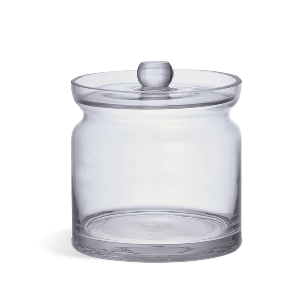 Clear glass jar with a matching glass lid featuring a round knob, shown on a white background.