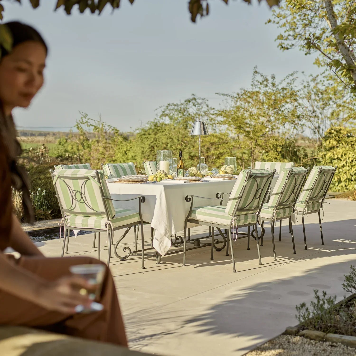 Neptune Seasonal_Garden_Outdoor sofas and relaxed chairs default Cheltenham 8 Seater Metal Garden Dining Set with Granite Top, Green Stripe