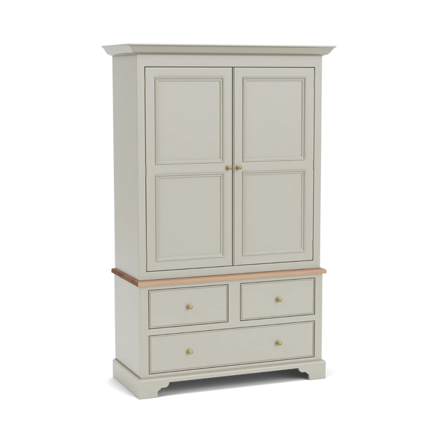 A tall painted wooden armoire cabinet with two upper doors, two lower drawers, and a natural wood apron, shown on a plain white background.