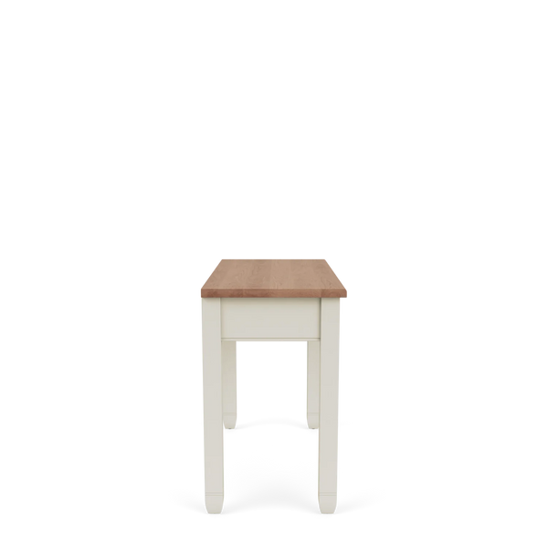 Chichester writing desk with painted frame and natural oak top, shown from the side.